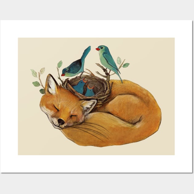 Sleeping fox and blue birds nest Wall Art by TatianaBS